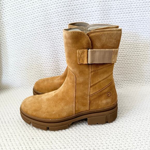 Tamaris NIB Camel Suede Miegan Double Buckle Side Lug Sole Combat Boots 38 7.5 - Picture 8 of 11